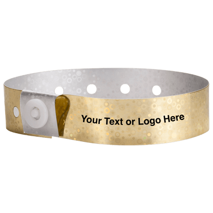 holographic plastic wristbands with a placeholder to show where you can customize the wristband in gold