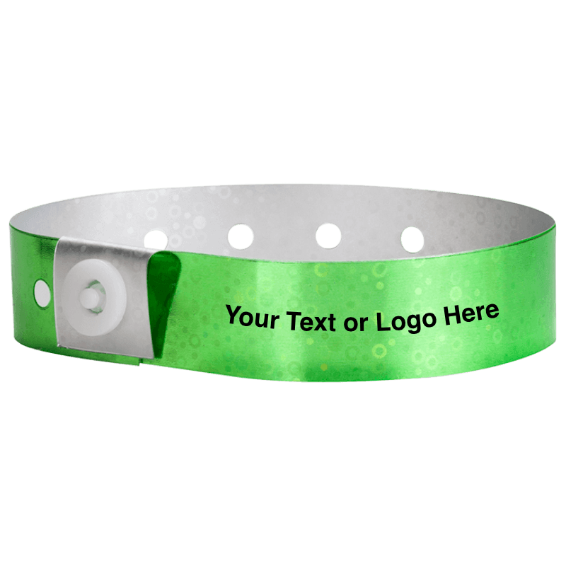 holographic plastic wristbands with a placeholder to show where you can customize the wristband in green