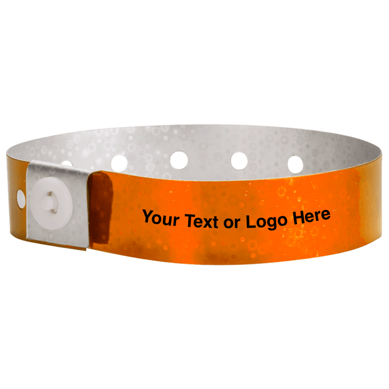 holographic plastic wristbands with a placeholder to show where you can customize the wristband in orange