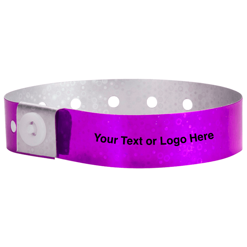 holographic plastic wristbands with a placeholder to show where you can customize the wristband in purple
