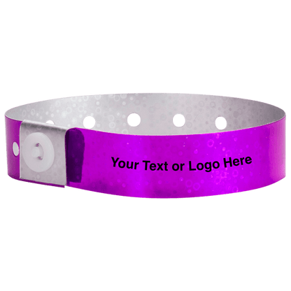 holographic plastic wristbands with a placeholder to show where you can customize the wristband in purple