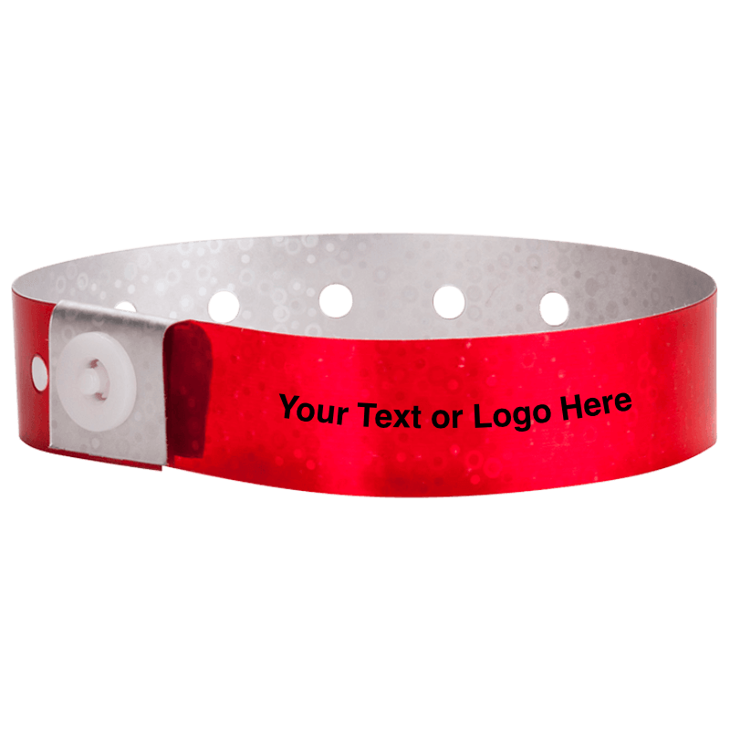 holographic plastic wristbands with a placeholder to show where you can customize the wristband in red