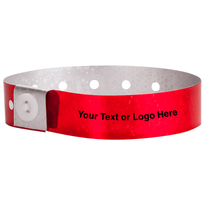 holographic plastic wristbands with a placeholder to show where you can customize the wristband in red