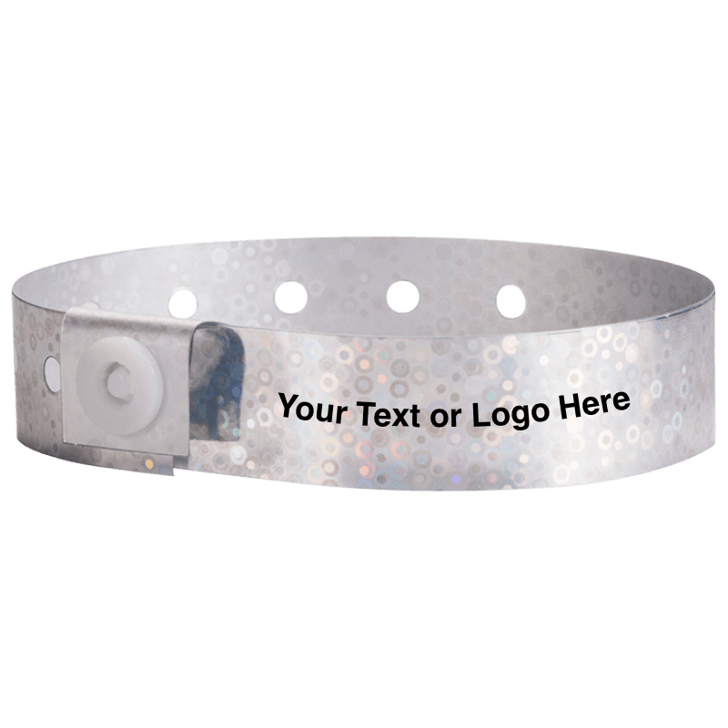 holographic plastic wristbands with a placeholder to show where you can customize the wristband in silver