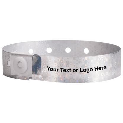 holographic plastic wristbands with a placeholder to show where you can customize the wristband in silver