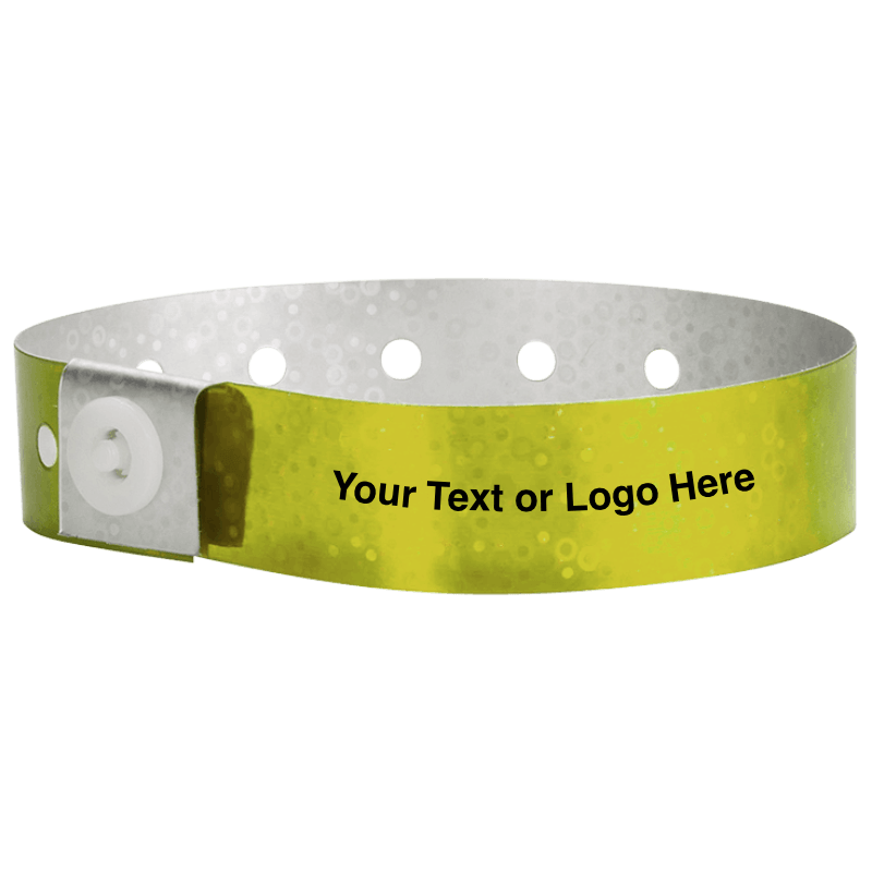 holographic plastic wristbands with a placeholder to show where you can customize the wristband in yellow