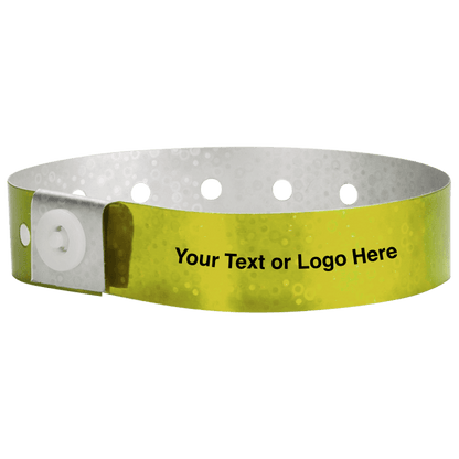 holographic plastic wristbands with a placeholder to show where you can customize the wristband in yellow