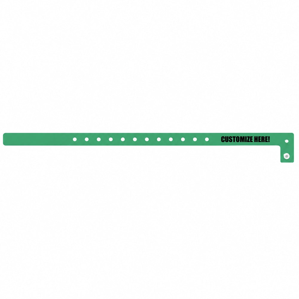 Plastic slim wristband in patone green with black text "CUSTOMIZE HERE!" - shown in flat 