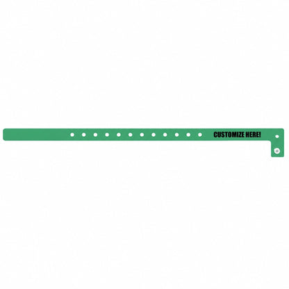Plastic slim wristband in patone green with black text "CUSTOMIZE HERE!" - shown in flat 