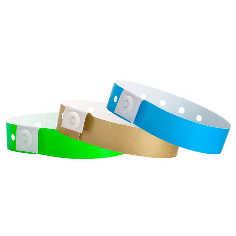 plastic regular 3/4" solid wristband in neon green, gold and neon blue