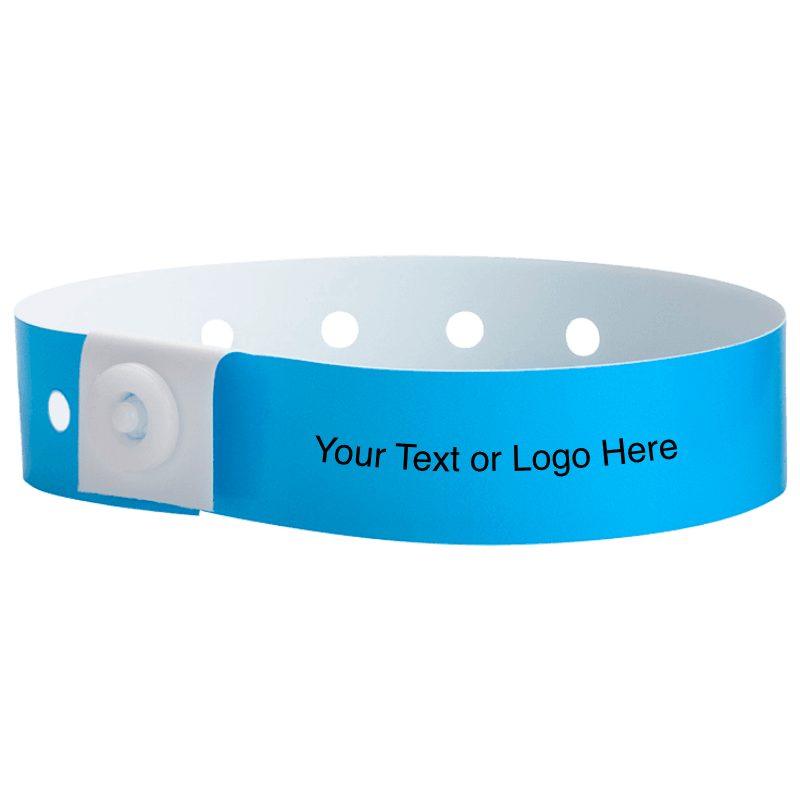 plastic regular 3/4" wristband with a placeholder to show where you can customize the wristband in neon blue 