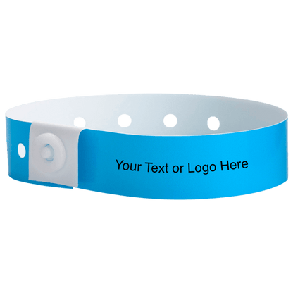 plastic regular 3/4" wristband with a placeholder to show where you can customize the wristband in neon blue 