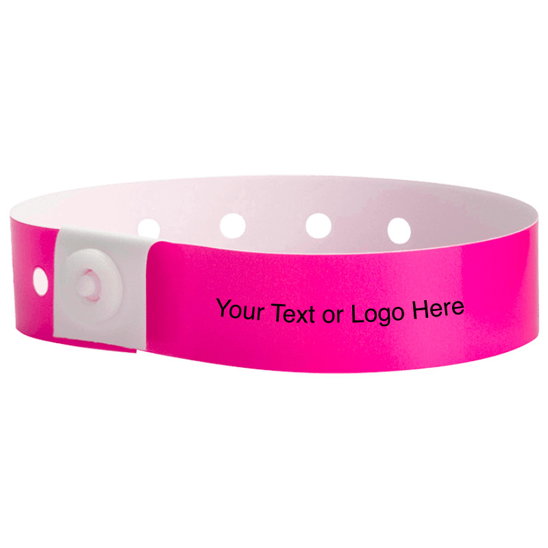 plastic regular 3/4" wristband with a placeholder to show where you can customize the wristband in neon pink 