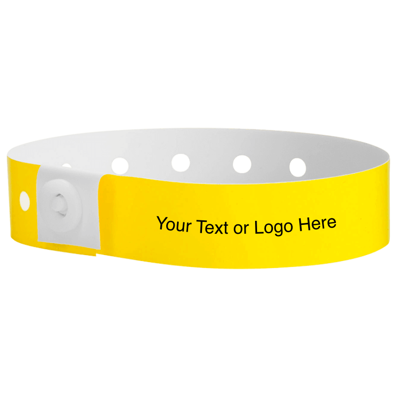 plastic regular 3/4" wristband with a placeholder to show where you can customize the wristband in pantone yellow