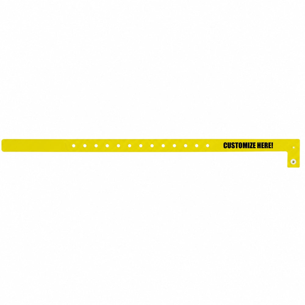 Plastic slim wristband in pantone yellow with black text "CUSTOMIZE HERE!" - shown in flat 