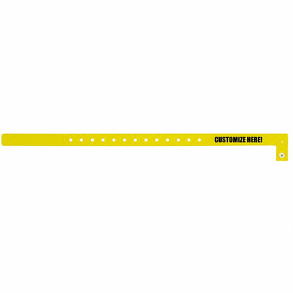 Plastic slim wristband in pantone yellow with black text "CUSTOMIZE HERE!" - shown in flat 