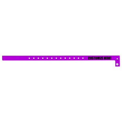 Plastic slim wristband in purple with black text "CUSTOMIZE HERE!" - shown in flat 