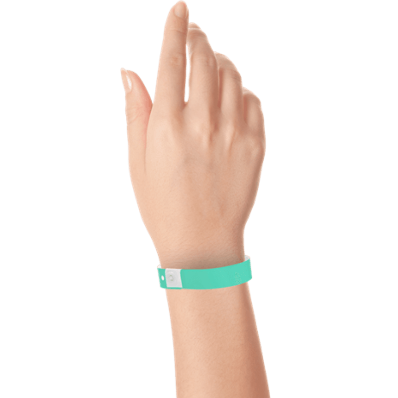hand wearing plastic slim solid wristband in aqua 