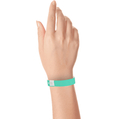hand wearing plastic slim solid wristband in aqua 