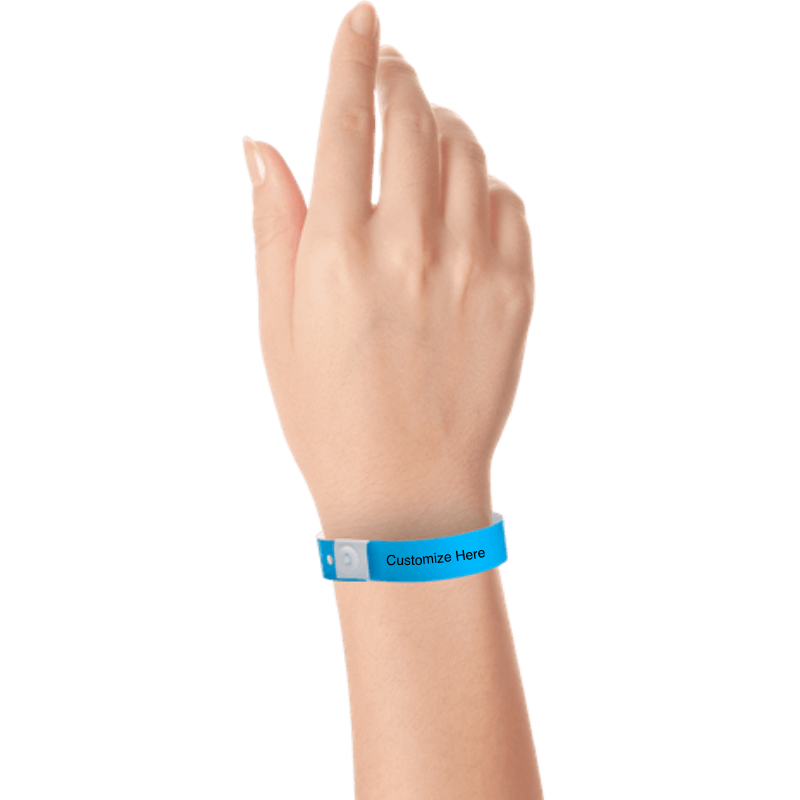 Hand wearing slim plastic wristband with a placeholder to show where you can customize the wristband shown in neon blue