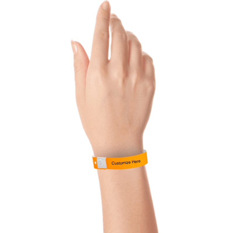 Hand wearing slim plastic wristband with a placeholder to show where you can customize the wristband shown in neon orange
