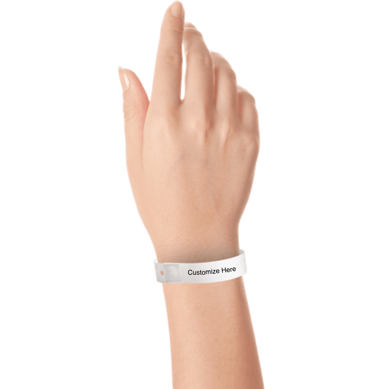 Hand wearing slim plastic wristband with a placeholder to show where you can customize the wristband shown in white