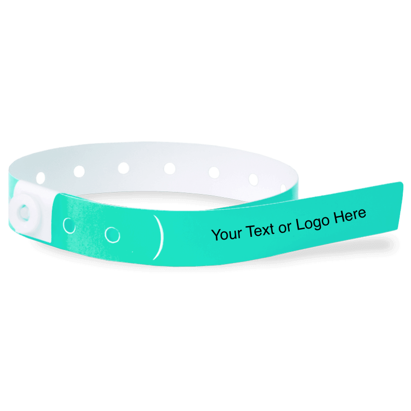 slim plastic wristband with a placeholder to show where you can customize the wristband in aqua
