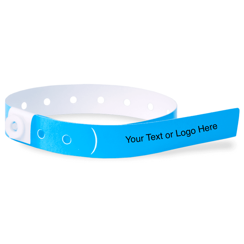 slim plastic wristband with a placeholder to show where you can customize the wristband in neon blue