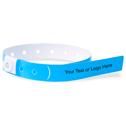 slim plastic wristband with a placeholder to show where you can customize the wristband in neon blue