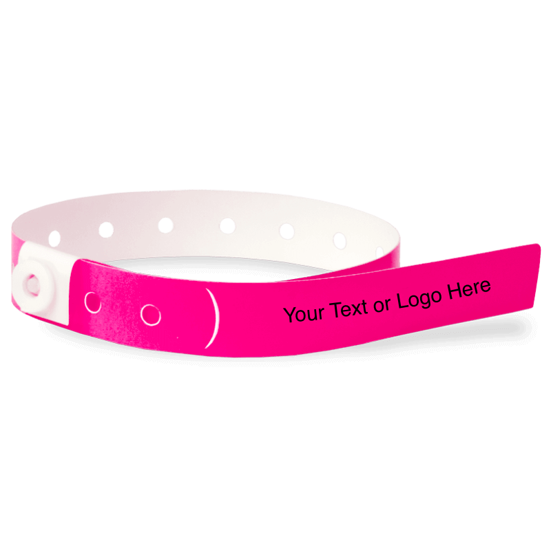 slim plastic wristband with a placeholder to show where you can customize the wristband in neon pink