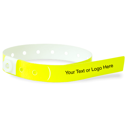slim plastic wristband with a placeholder to show where you can customize the wristband in neon yellow