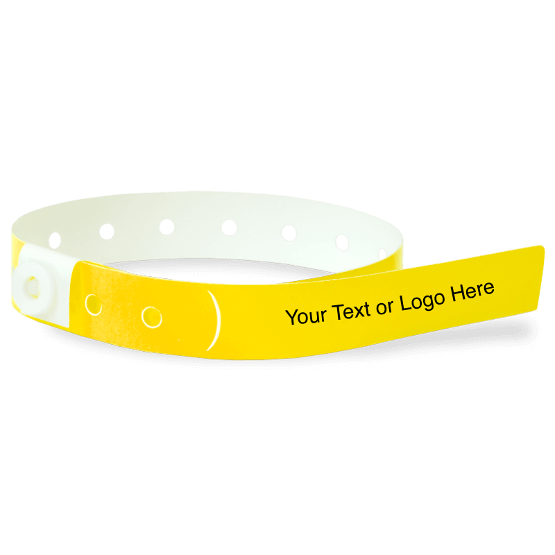 slim plastic wristband with a placeholder to show where you can customize the wristband in pantone yellow