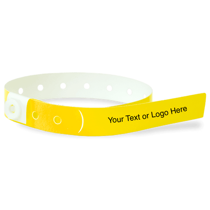 slim plastic wristband with a placeholder to show where you can customize the wristband in pantone yellow