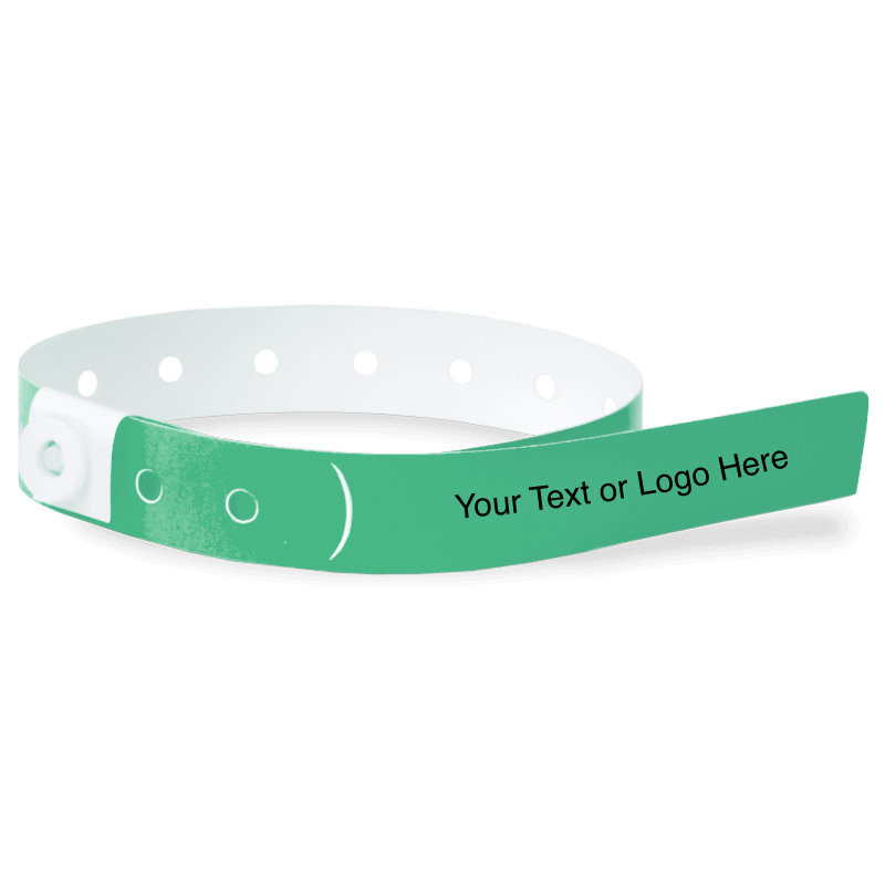 slim plastic wristband with a placeholder to show where you can customize the wristband in pantone green