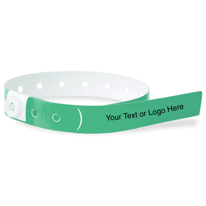 slim plastic wristband with a placeholder to show where you can customize the wristband in pantone green
