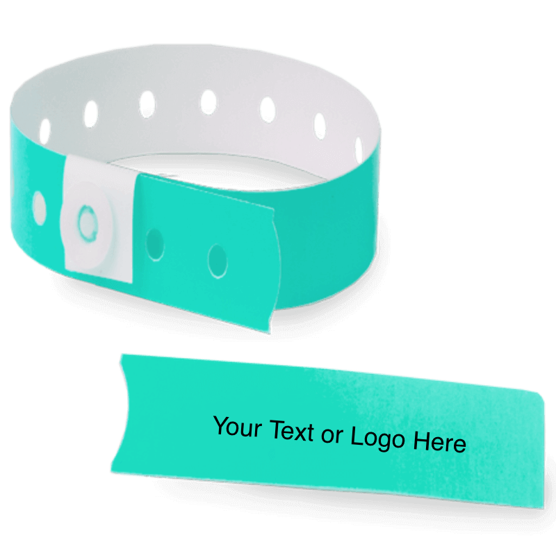 slim plastic wristband with a detachable stub and placeholder to show where you can customize the wristband in aqua 