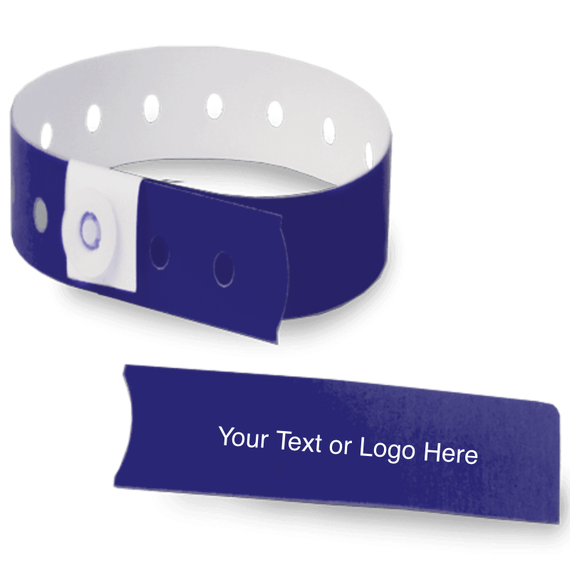 slim plastic wristband with a detachable stub and placeholder to show where you can customize the wristband in navy blue