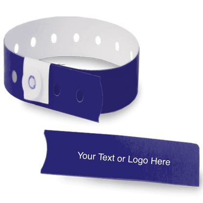 slim plastic wristband with a detachable stub and placeholder to show where you can customize the wristband in navy blue