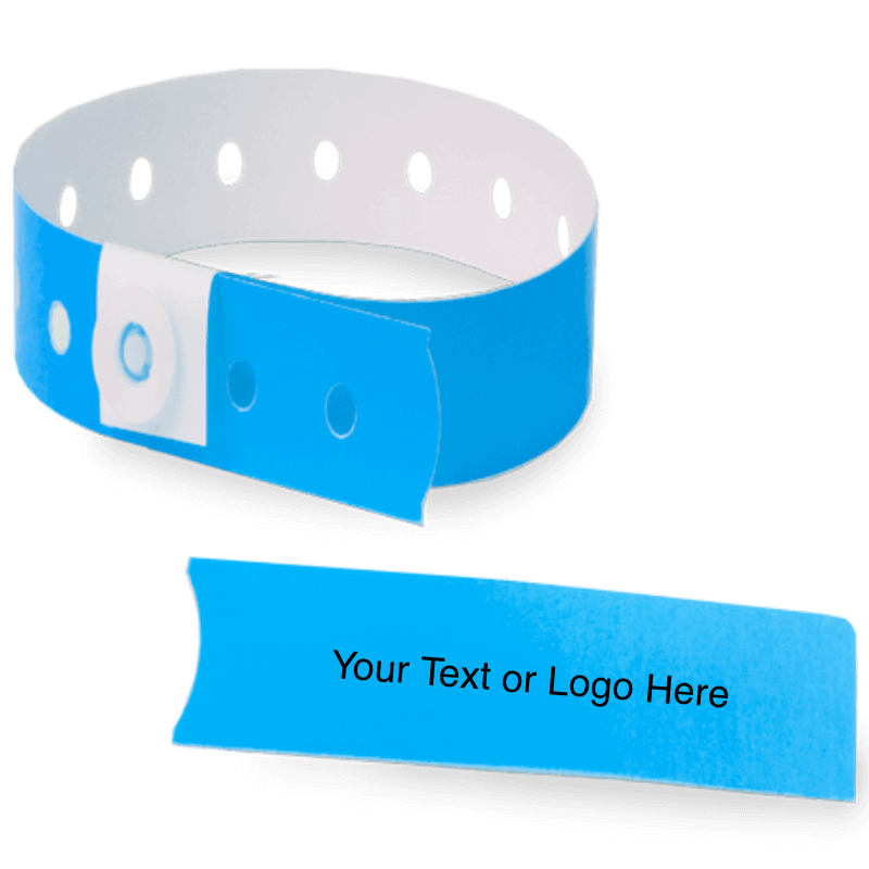 slim plastic wristband with a detachable stub and placeholder to show where you can customize the wristband in neon blue