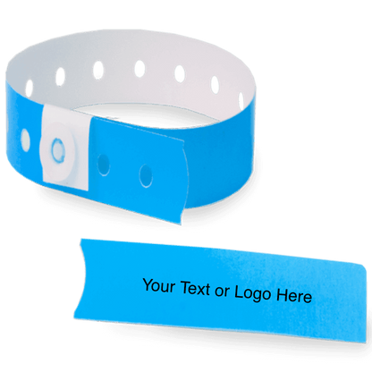 slim plastic wristband with a detachable stub and placeholder to show where you can customize the wristband in neon blue