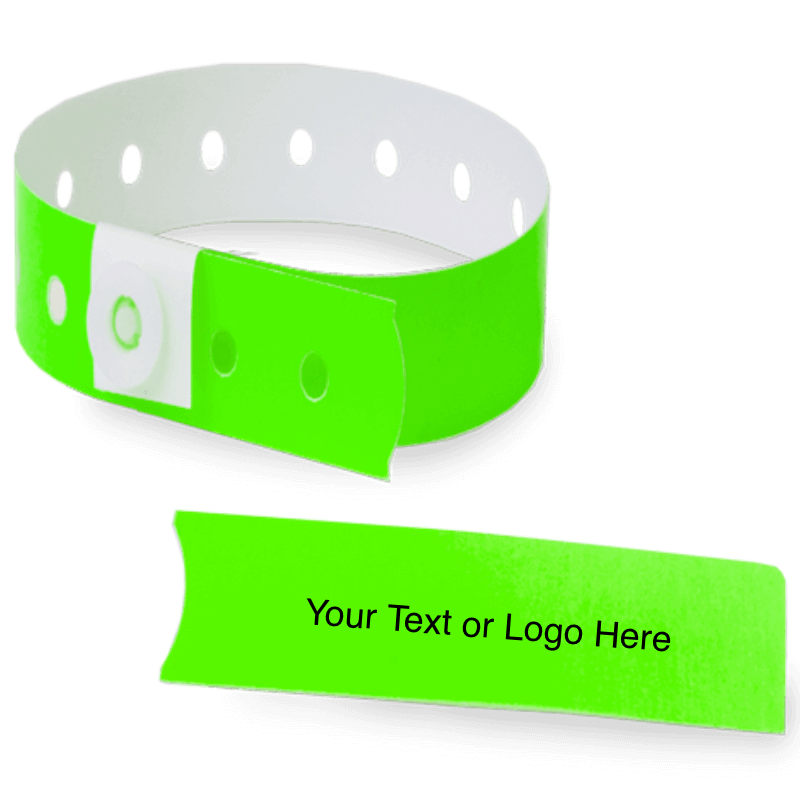 slim plastic wristband with a detachable stub and placeholder to show where you can customize the wristband in neon green