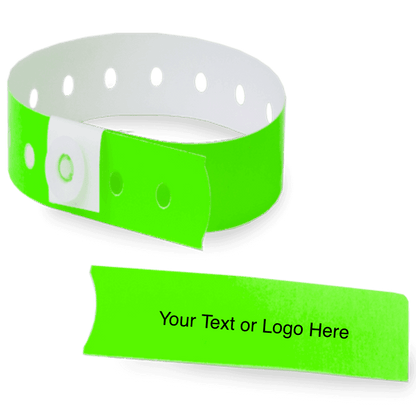slim plastic wristband with a detachable stub and placeholder to show where you can customize the wristband in neon green