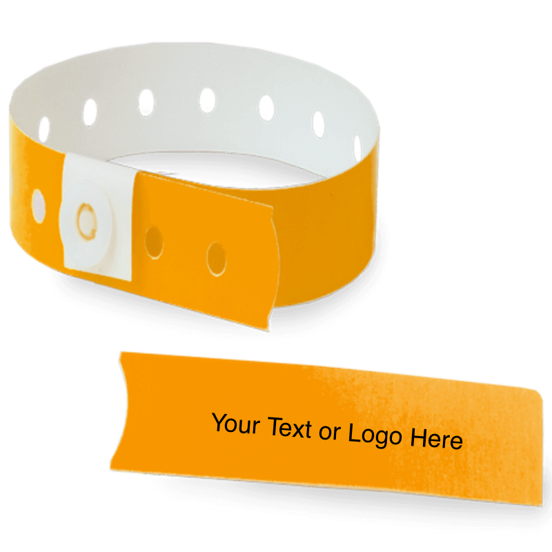 slim plastic wristband with a detachable stub and placeholder to show where you can customize the wristband in neon orange