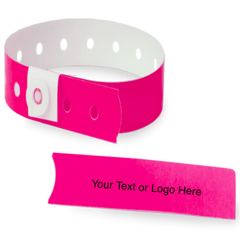 slim plastic wristband with a detachable stub and placeholder to show where you can customize the wristband in neon pink