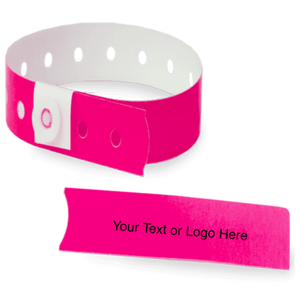 slim plastic wristband with a detachable stub and placeholder to show where you can customize the wristband in neon pink