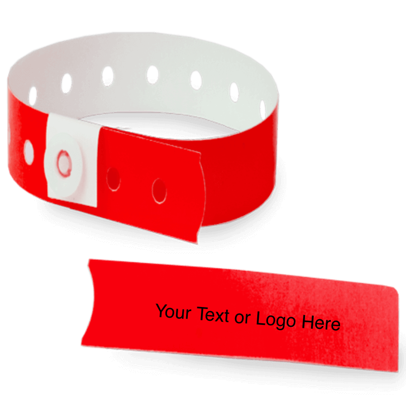 slim plastic wristband with a detachable stub and placeholder to show where you can customize the wristband in neon red
