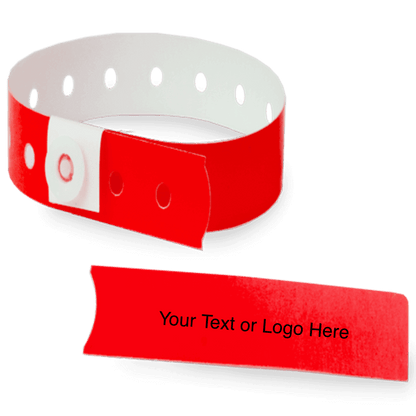 slim plastic wristband with a detachable stub and placeholder to show where you can customize the wristband in neon red