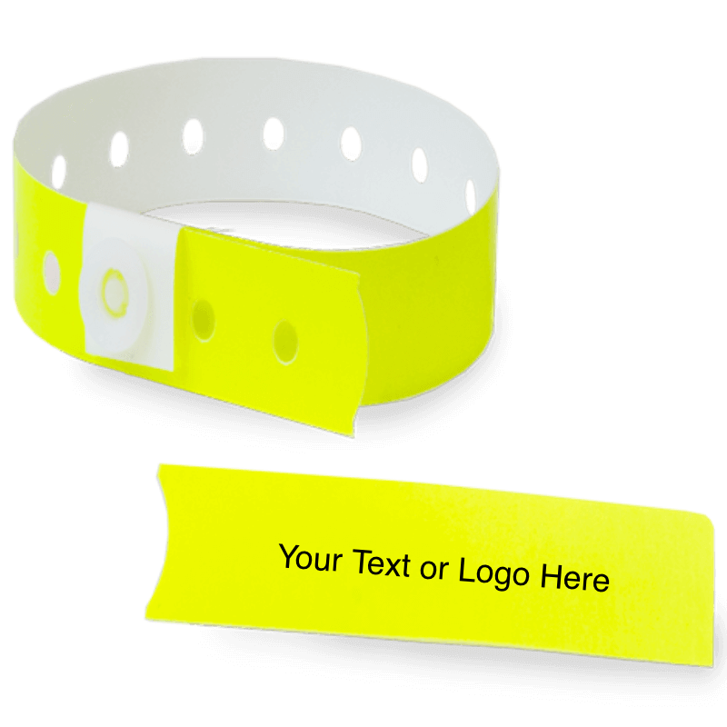 slim plastic wristband with a detachable stub and placeholder to show where you can customize the wristband in neon yellow