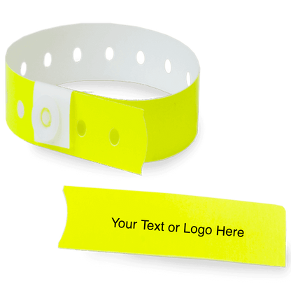 slim plastic wristband with a detachable stub and placeholder to show where you can customize the wristband in neon yellow