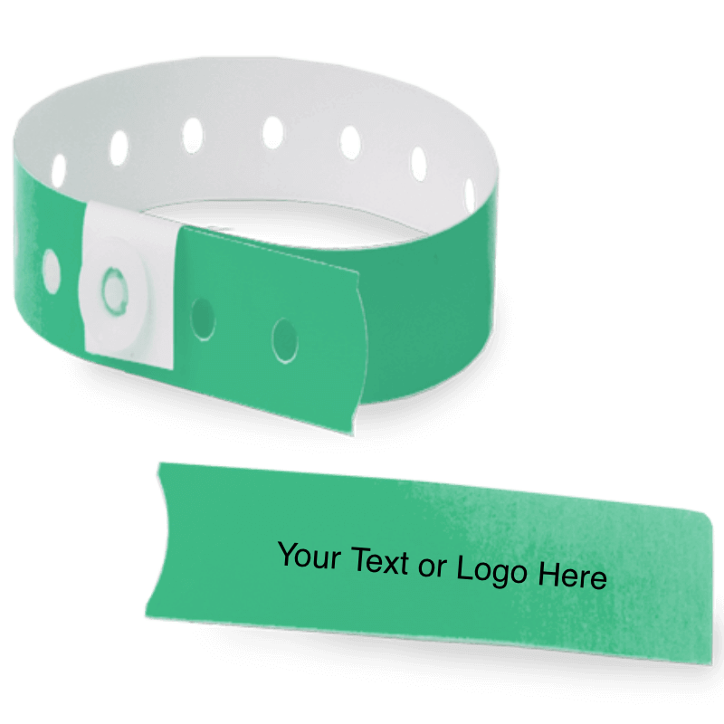 slim plastic wristband with a detachable stub and placeholder to show where you can customize the wristband in pantone green